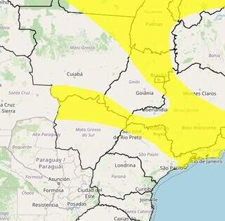 Mapa mostra que parte do Estado está sob alerta de chuvas intensas (Foto: Reprodução/Inmet)