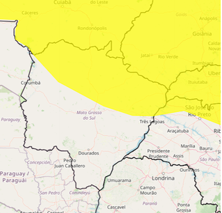 Área em amarelo indica região de Mato Grosso do Sul com alerta de chuvas intensas (Foto: Inmet)