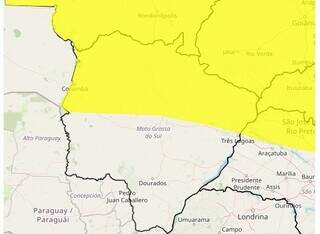 Área de MS em amarelo tem risco de chuva forte amanhã. (Foto: Reprodução Inmet)