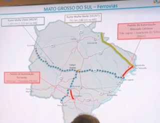 Reprodução do slide apresentado no Ministério dos Transportes, com as ferrovias se conectando em Mato Grosso do Sul (Foto: Reprodução)