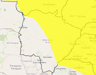 Área em amarelo indica risco de chuva intensa em parte de MS (Arte: Inmet)