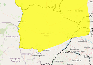 Área de cor amarelo indica risco de chuva intensa na maior parte de MS (Arte: Inmet)