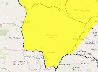 Área em amarelo indica risco de chuva intensa em MS (Arte: Inmet)