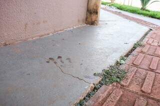 Calçada onde vítima caiu e marcas de sangue no chão. (Foto: Henrique Kawaminami)