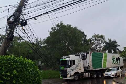Caminhão enrosca em fios e deixa poste torto no Cidade Jardim