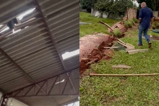 Quadra de escola teve telhado quebrado; muro desabou com o impacto da &#34;chuvarada&#34;. (Foto: Reprodução)