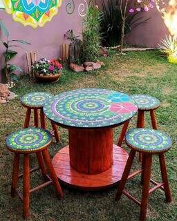 Jogo de mesa feito por Sol ganhou pintura colorida de mandala. (Foto: Arquivo pessoal)