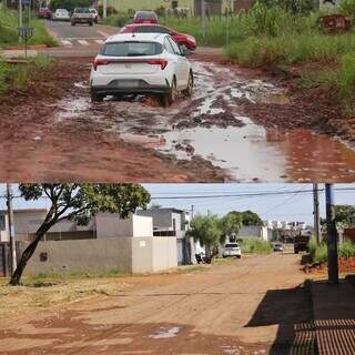Em cima, foto mostra lamaçal em rua após chuva; embaixo, imagem mostra a mesma via após serviço de cascalhamento realizado pela Prefeitura de Campo Grande (Foto: Marcos Maluf e Paulo Francis)