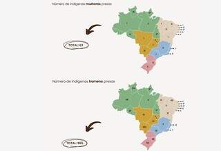 Mapas do infográfico “Prisões e Povos Originários no Brasil”. (Fonte: ADDIISC)