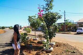 Marli Espinosa ajudou a plantar mudas no canteiro do bairro (Foto: Henrique Kawaminami)
