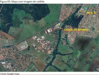 Mapa com imagem de satélite apontado a localização da JBS e da Lagoa da Refriko (Foto: Reprodução)