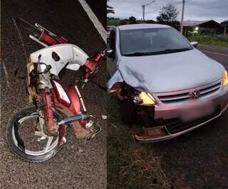 Moto da vítima destruída e à direita, carro envolvido em acidente. (Foto: Impacto News)