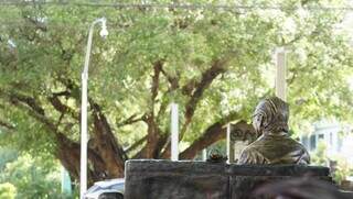 Ao fundo, câmera monitora estátua do Manoel de Barros, localizada no canteiro central da Avenida Afonso Pena com a Rua Rui Barbosa (Foto: Alex Machado)