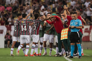 Jogadores do Fluminense comemoram vitória que garante ida às oitavas da Libertadores. (Foto: Marcelo Gonçalves/Fluminense)