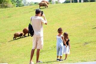 Ao lado de crianças, adulto utiliza celular para fotografar animais no parque das nações (Foto: Juliano Almeida)