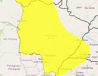 Faixa amarela mostra região de MS em alerta moderado de declínio de temperatura (Foto: Reprodução)