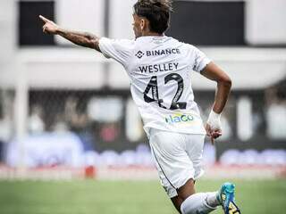 O atacante Weslley comemora gol da vitória. (Foto: Raul Baretta/Santos)