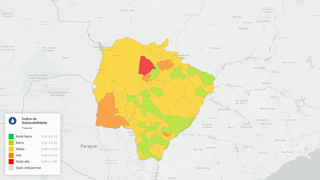 Mapa que mostra índice de vulnerabilidade das cidades de MS no campo dos recursos hídricos (Foto: Divulgação)