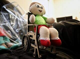 Boneco do personagem Luca, que usa uma cadeira de rodas nas histórias de Maurício de Souza (Foto: Osmar Daniel Veiga)