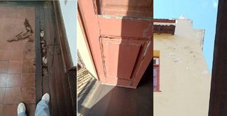 Piso danificado, porta com pintura ressecada e mofo na parte externa do prédio (Fotos: Reprodução)
