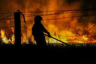 Militar maneja mangueira para combater incêndio às margens de rodovia. (Foto: Juliano Almeida)