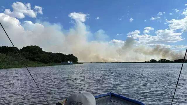 Vegetação densa e área alagada dificultam combate a fogo em Corumbá