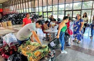 Servidores do Estado organizando doações de agasalhos no Centro de Convenções Rubens Gil de Camillo (Foto: Divulgação/SAD)