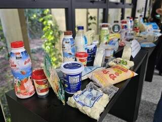 Produtos lácteos produzidos em MS foram expostos durante &#34;Leite da Manhã&#34; promovido na Assembleia Legislativa. (Foto: Mairinco de Paula/Semadesc)