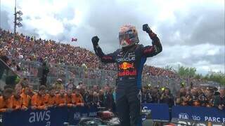 Max Verstappen comemora vitória no GP do Canadá. (Foto: Reprodução/TV Bandeirantes)