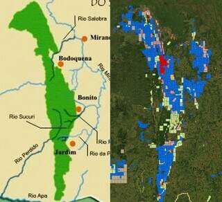 Mapa com os limites da Serra da Bodoquena à esquerda e outro com solicitações de mineração à direita, em azul (Foto: Reprodução)