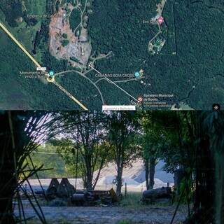 Mapa mostrando distância entre mineradora em Bonito e Balneário Municipal em cima e foto de parte do pátio de mineração da mesma empresa (Foto: Reprodução/Paulo Francis)
