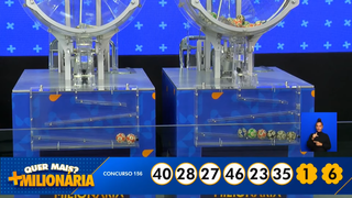 Concurso 156 da Mais Milionária teve prêmio estimado de R$ 226 milhões. Os números 23, 27, 28, 35, 40, 46 compuseram o sorteio, que teve as dezenas 1, 6 como trevos. (Foto: Reprodução/Caixa)