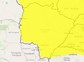 Área em amarelo indica risco de baixa umidade do ar em todo MS (Arte: Inmet)