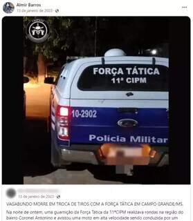 Em janeiro, policial militar compartilhou postagem sobre morte de traficante em confronto (Foto: Reprodução)