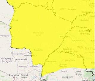 Mapa de Mato Grosso do Sul em amarelo devido a alerta de baixa umidade do ar (Foto: Inmet/ Divulgação)