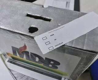 Cédula para votação do apoio do MDB na disputa pela Prefeitura de Campo Grande. Entre as opções estão PSDB, PP e União Brasil (Foto: Paulo Francis)