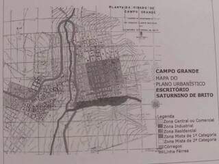 Mapa do plano urbanístico desenvolvido na época. Foto: Reprodução/Campo Grande: arquitetura urbanismo e memória)