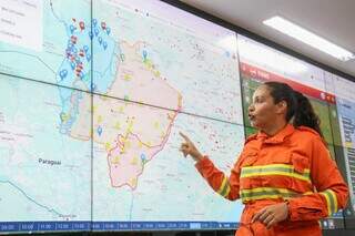 Diretora de proteção ambiental do Corpo de Bombeiros, tenente-coronel Tatiane Inoue, apresentando dados da queimada (Foto: Henrique Kawaminami)