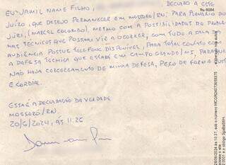 Declaralção escrita por Jamil Name Filho a pedido de juiz (Foto: Reprodução)