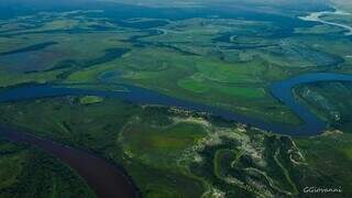 Imagem aérea do Rio Paraguai serpentiando planície alagada (Foto: Guilherme Giovanni)