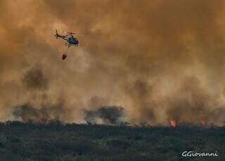 Mergulho do helicóptero em área com fogo, com bambi bucket acoplado a aeronava (Foto: Guilherme Giovanni)