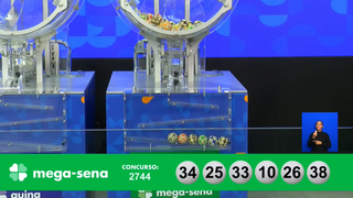 A Mega-Sena ofertou prêmio de R$ 121.309.866,79 no concurso 2.744. Entre os números sorteados, estão: 10, 25, 26, 33, 34, 38. (Foto: Reprodução/Caixa)