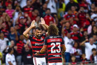 Fabricio Bruno e David Luiz comemoram gol do Flamengo (Foto: Marcelo Cortes)