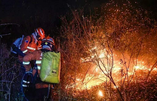Brigadistas combatem incêndio em vegetação no Pantanal de Corumbá. (Foto: Bruno Rezende/Agência de Notícias do Governo do Estado)