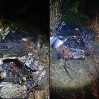 Carro ficou completamente destruído após a batida (Foto: Direto das ruas)