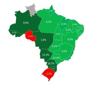 Mapa mostra percentual de aumento de cada estado (Foto: Reprodução/Câmara de Comercialização de Energia Elétrica)