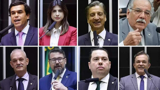 Deputados federais por MS, da esquerda para a direita: Beto Pereira (PSDB), Camila Jara (PT), Dagoberto Nogueira (PSDB), Luiz Ovando (PP), Geraldo Resende (PSDB), Marcos Pollon (PL), Rodolfo Nogueira (PL) e Vander Loubert (PT). (Foto: Arquivo/Câmara dos Deputados)