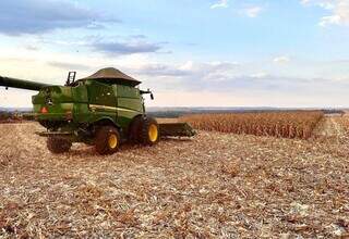 Colheitadeira opera em campo cultivado com milho em MS; mau tempo castigou a produção. (Foto: Divulgação/Aprosoja-MS)