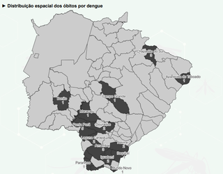 Mapa mostra distribuição de mortes por dengue em MS (Foto: Divulgação)