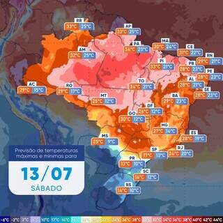 Temperaturas mínimas e máximas para as capitais do Brasil neste sábado (Foto: Reprodução/Inmet) 